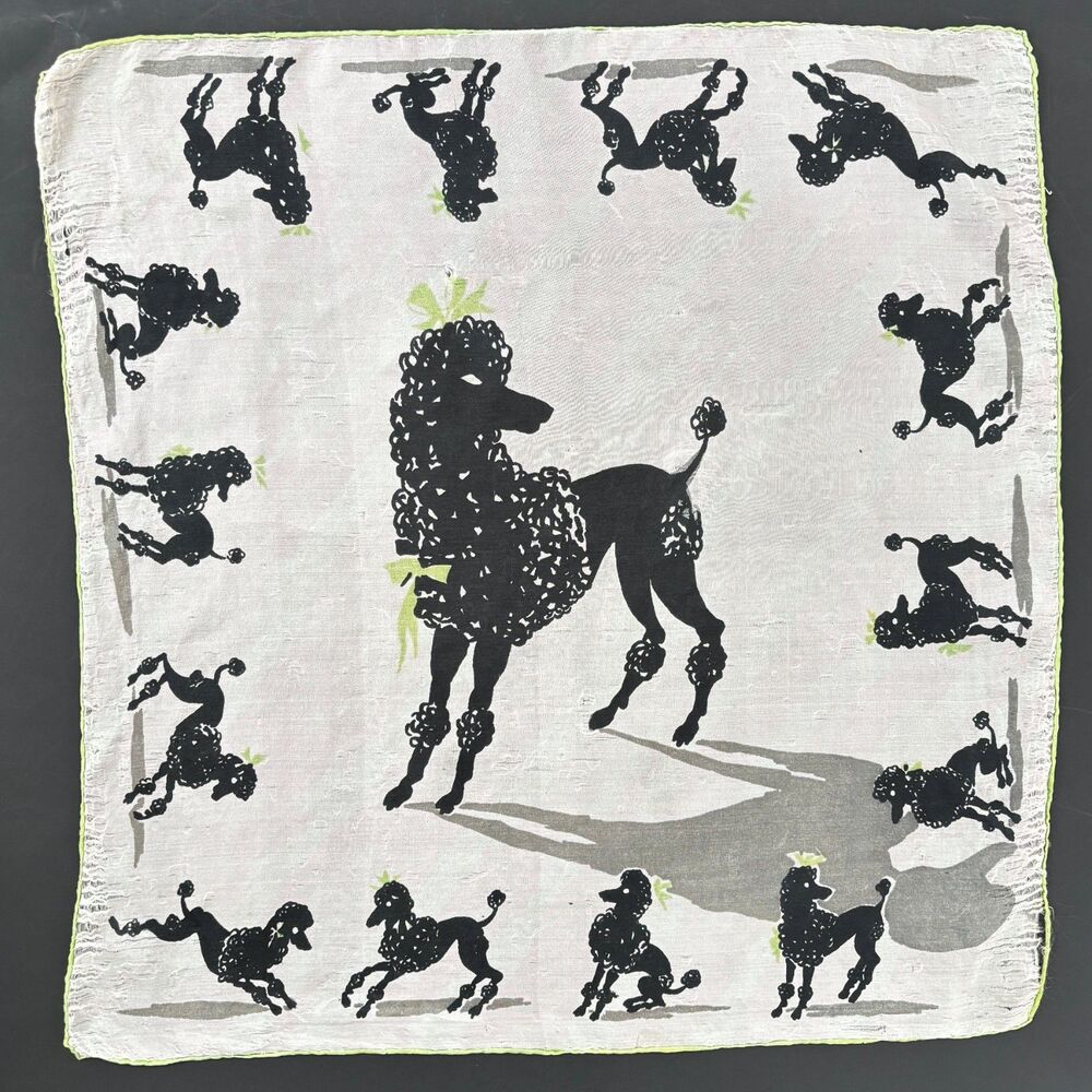 1950s Vintage Silk Handkerchief French Black Poodles Heirloom Cottage Dainty